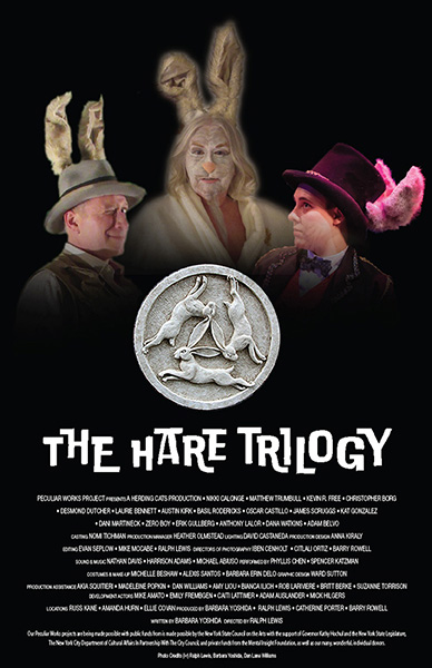 Poster for The Hare Trilogy that shows 3 actors as hares: Desmond Dutcher wearing rabbit ears on a fedora, Laurie Bennet with white hare makeup and rabbit ears, and Dani Martineck as a ringmaster hare with ears on the top hat surronding a ancient stone circular tablet of 3 hares chasing one another.