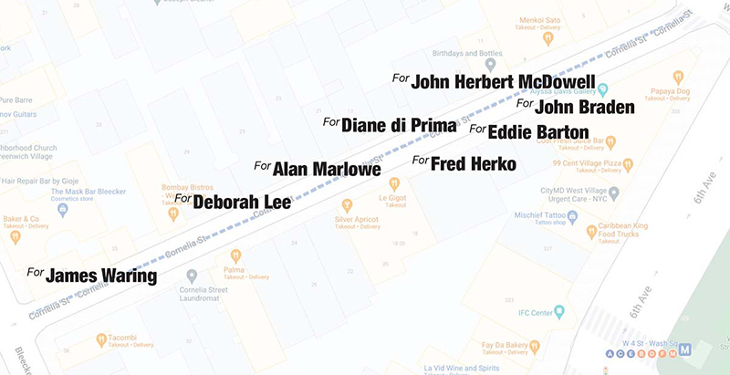 Map of Cornelia Street in Greenwich Village with the names of dedications in Diane di Prima's MONUMENTS: James Waring, Deborah Lee, Alan Marlowe, Diane di Prima, John Herbert McDowell, John Braden, Eddie Barton, Fred Herko. 