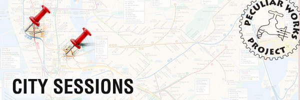 Artwork of pushpins in a older subway map to marks the spots for Dixon Place between the 2nd Ave and Grand Street, and the W4 St subway stops with the words CITY SESSIONS in the lower lefthand corner and a Peculiar Works Project logo superimposed over the upper righthand corner of the image