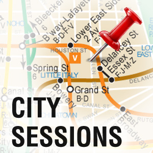 A pin in a older subway map marks the spot for Dixon Place between the 2nd Ave and Grand Street subway stops with the words CITY SESSIONS superimposed.