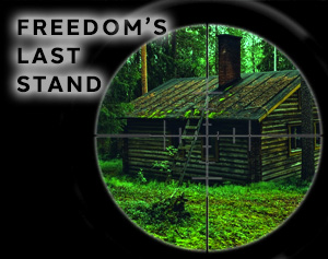 FREEDOM'S LAST STAND: Image of a cabin in the woods seen through a sniper's night scope.