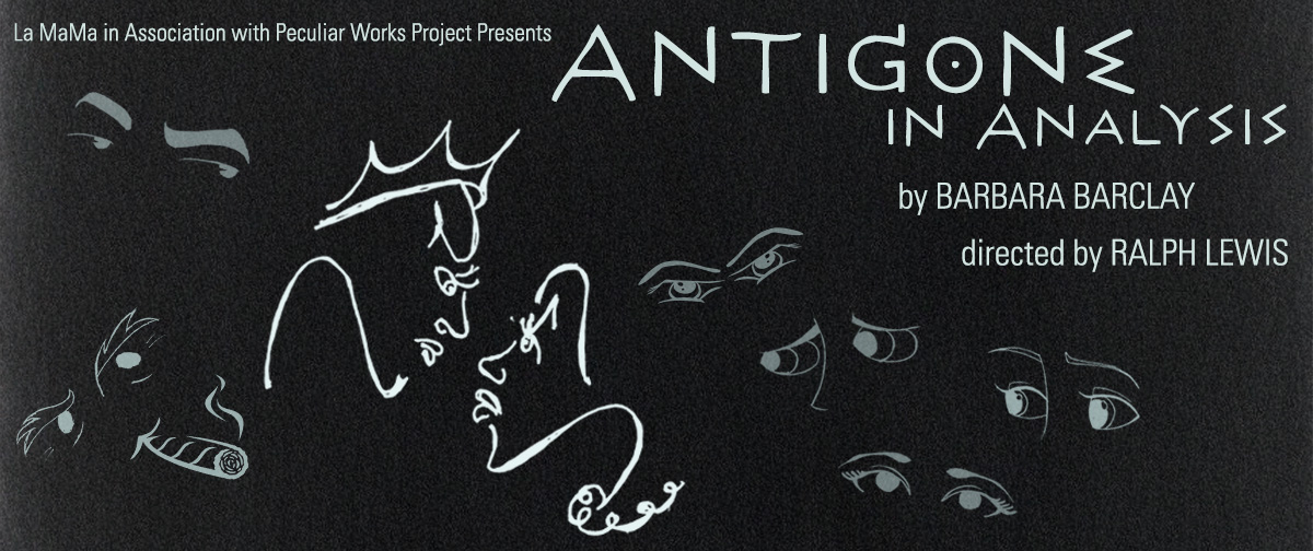 Antigone in Analysis: white line drawing of two women's face staring each other down while many pairs of eyes in the background observe them.